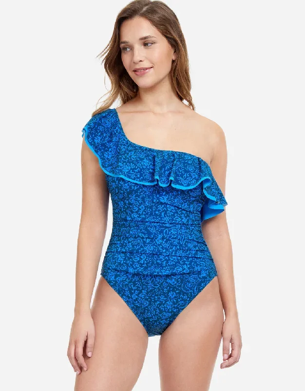 Profile Mehndi Ruffle One Shoulder Swimsuit - Blue