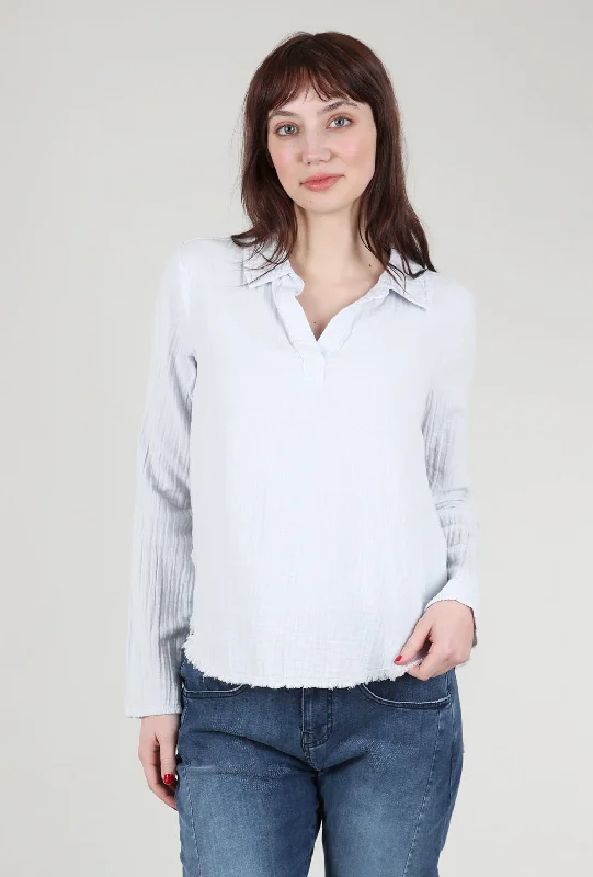 Cotton Gauze Polo Top, Silver