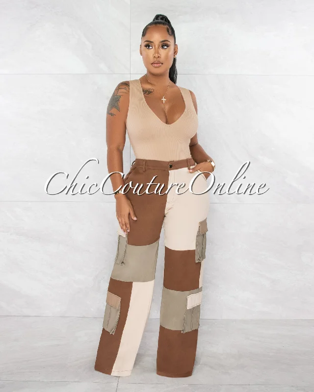 Montague Nude Brown Color Block Wide Cargo Pants