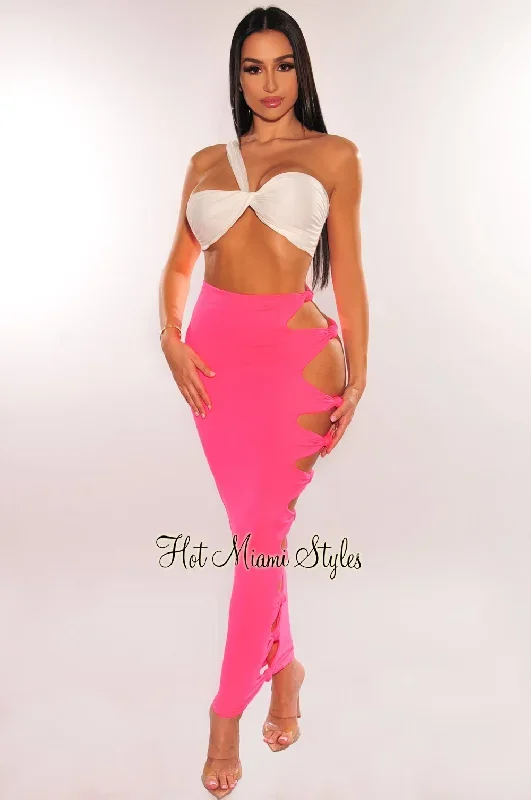 Neon Pink High Waist Cut Out Knotted Slit Skirt