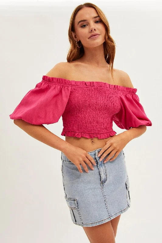 Pink Shirred Top Volume Short Sleeve Crop Linen Blend