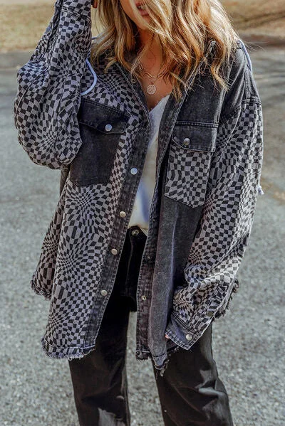 plaid-snap-down-raw-hem-drawstring-hooded-jacket