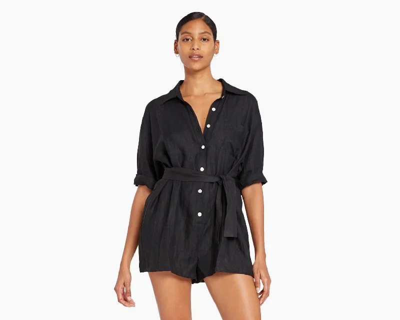 Vitamin A Swim Playa Linen Short Romper - Ecolinen Black