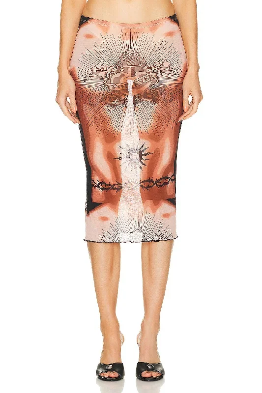 Printed Safe Sex Tattoo Low Waist Midi Skirt