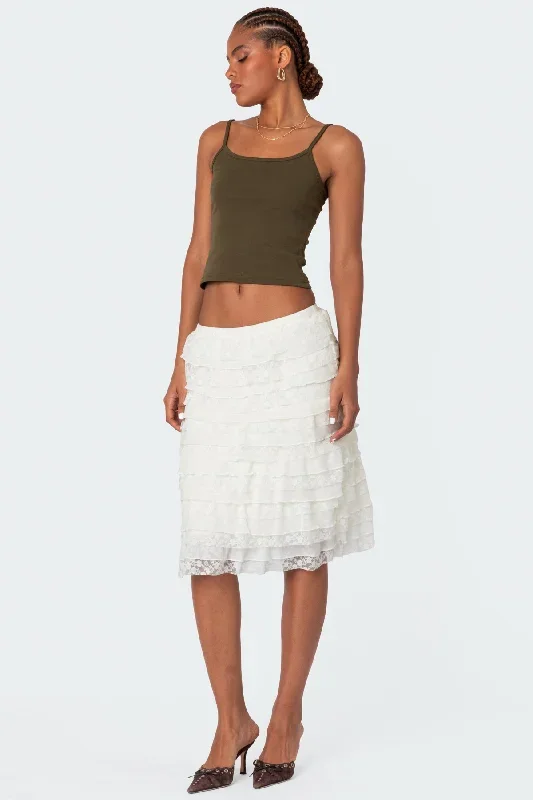 Louise Lace And Mesh Ruffle Midi Skirt