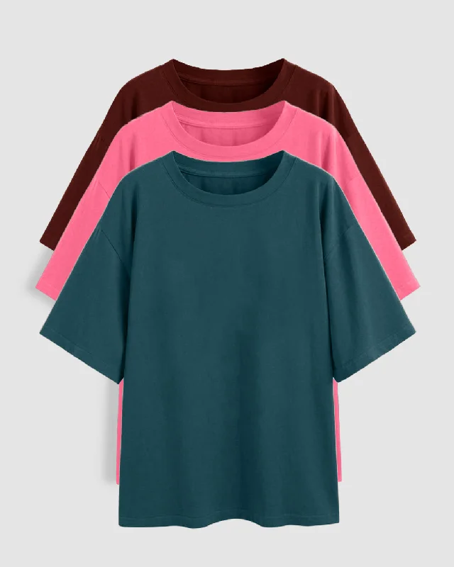 Set Of Three: Loose Fit Crew-Neck Drop Shoulder T-Shirt In Dark Pink, Light Pink And Dark Blue