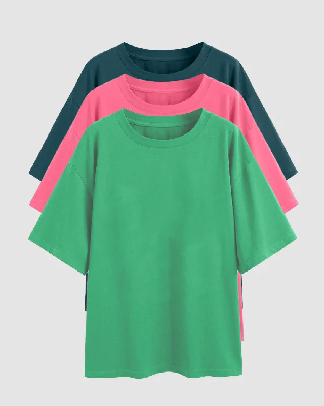 Set Of Three: Loose Fit Crew-Neck Drop Shoulder T-Shirt In Green, Light Pink And Dark Blue