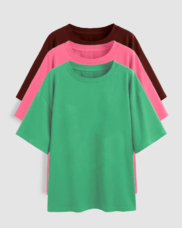 Set Of Three: Loose Fit Crew-Neck Drop Shoulder T-Shirt In Green., Light Pink And Dark Pink