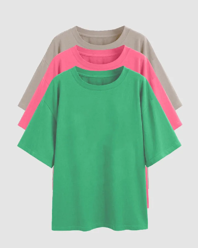 Set Of Three: Loose Fit Crew-Neck Drop Shoulder T-Shirt In Green ,  Light Pink And Grey