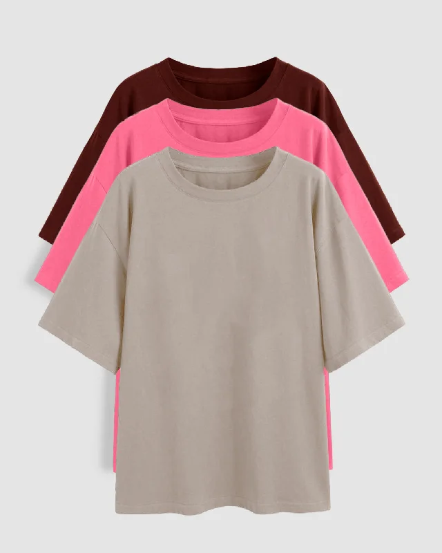 Set Of Three: Loose Fit Crew-Neck Drop Shoulder T-Shirt In Grey, Light Pink And Dark Pink