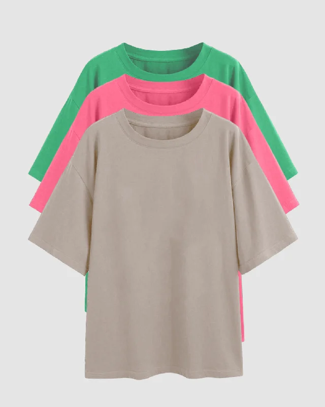 Set Of Three: Loose Fit Crew-Neck Drop Shoulder T-Shirt In Grey, Light Pink And Green