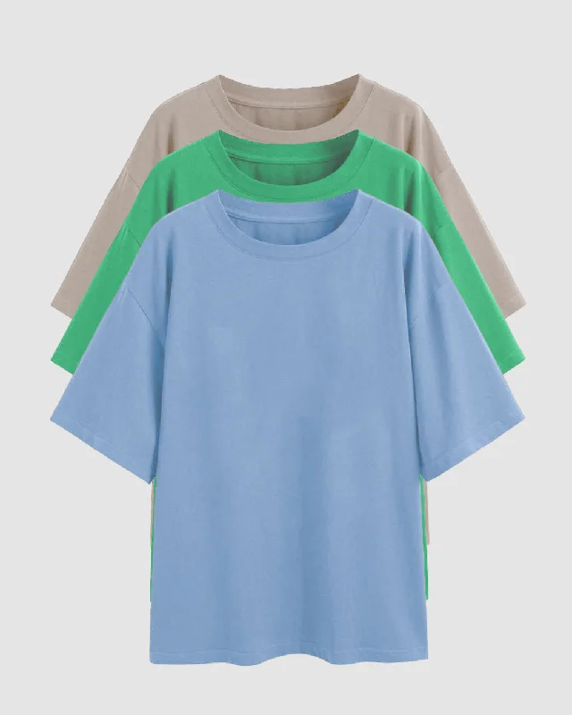 Set Of Three: Loose Fit Crew-Neck Drop Shoulder T-Shirt In Light Blue, Green And Grey