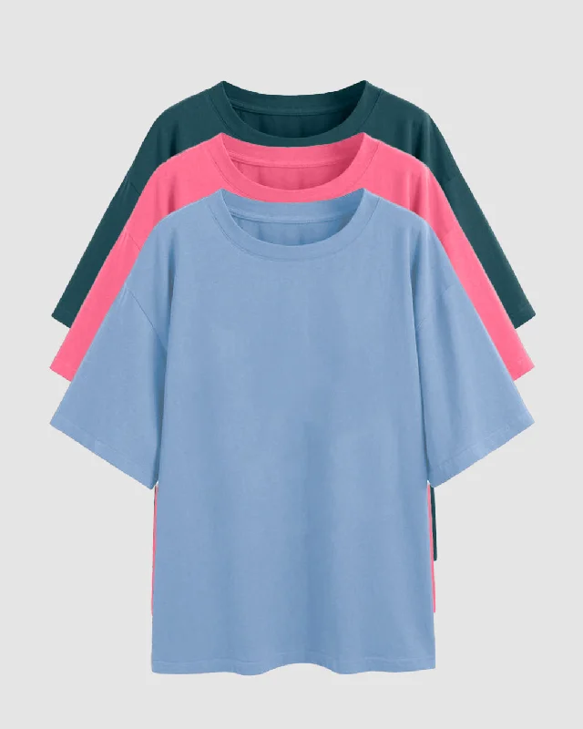 Set Of Three: Loose Fit Crew-Neck Drop Shoulder T-Shirt In Light Blue, Light Pink And Dark Blue