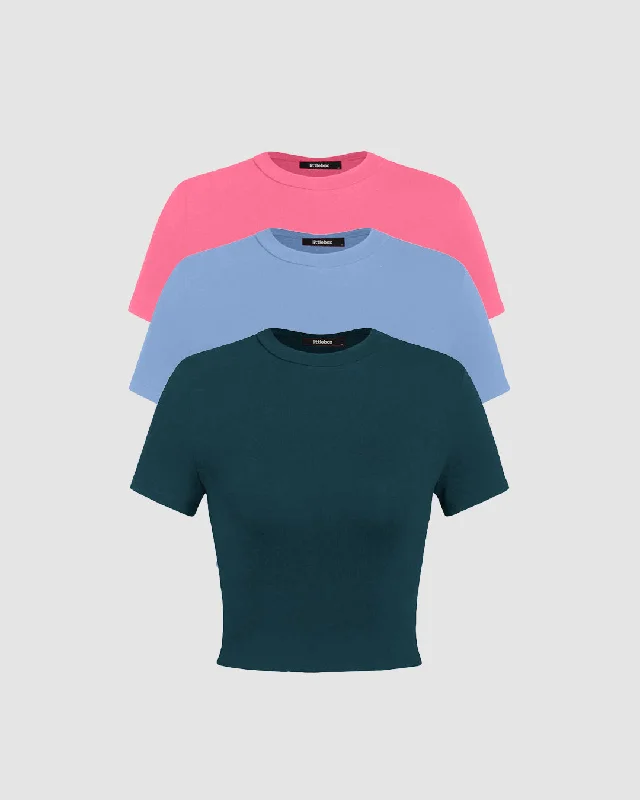 Set Of Three: Solid Round Neck Crop Tee In Dark Blue, Light Blue And Pink