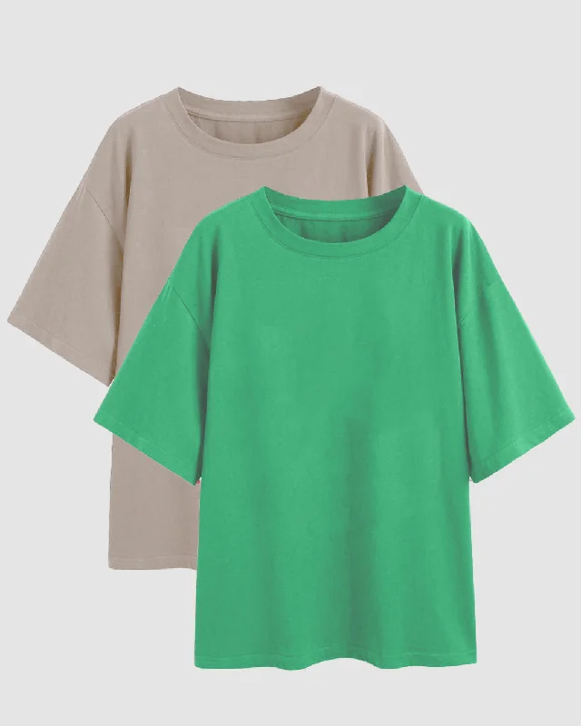 Set Of Two : Loose Fit Crew-Neck Drop Shoulder T-Shirt In Green And Grey