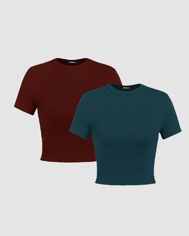 Set Of Two: Solid Round Neck Crop Tee In Dark Blue And Wine