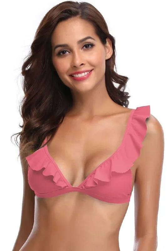 Deep V Neck Ruffles Cute Swimsuit Top