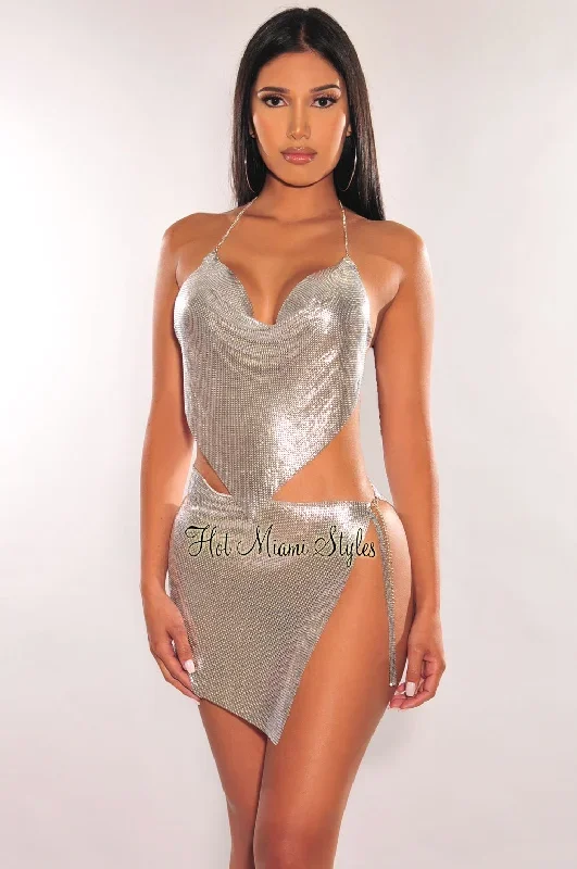 Silver Metallic Chainmail Slit Mini Skirt