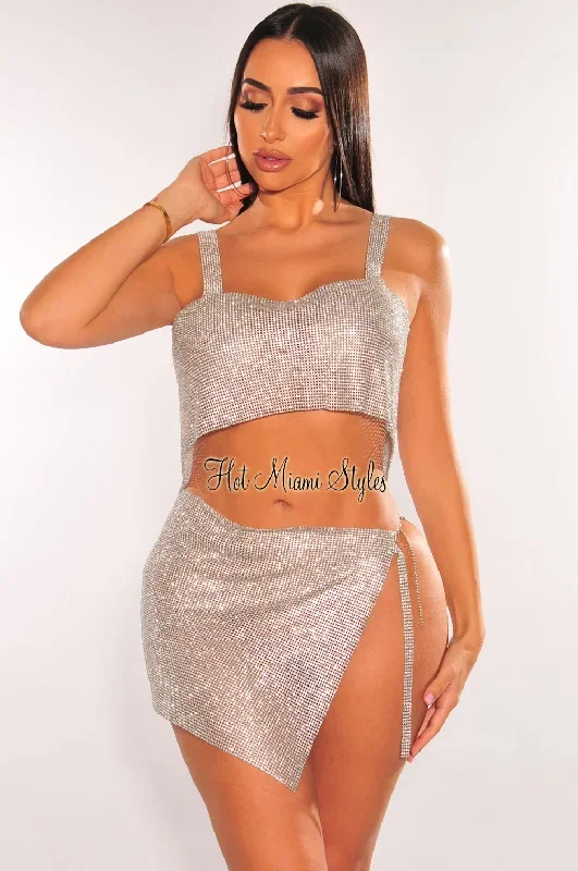 Silver Rhinestone Mesh Chain Slit Mini Skirt