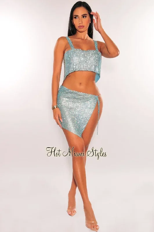 turquoise-rhinestone-mesh-chain-slit-mini-skirt