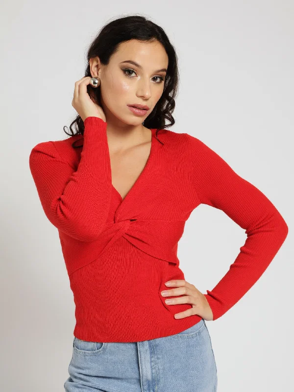 Twist Front V-Neck Pullover - Red