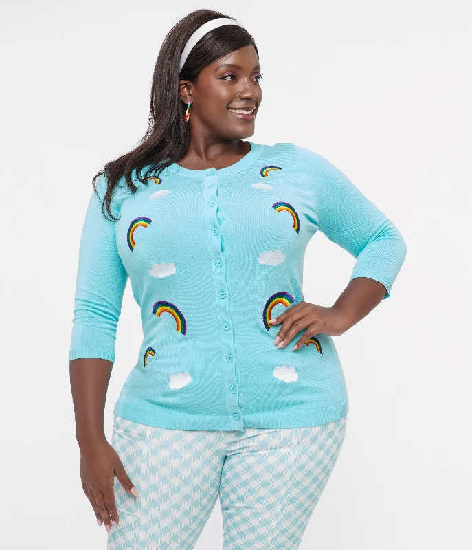 Unique Vintage Plus Size Sky Blue & Rainbow Embroidered Bookworm Cardigan