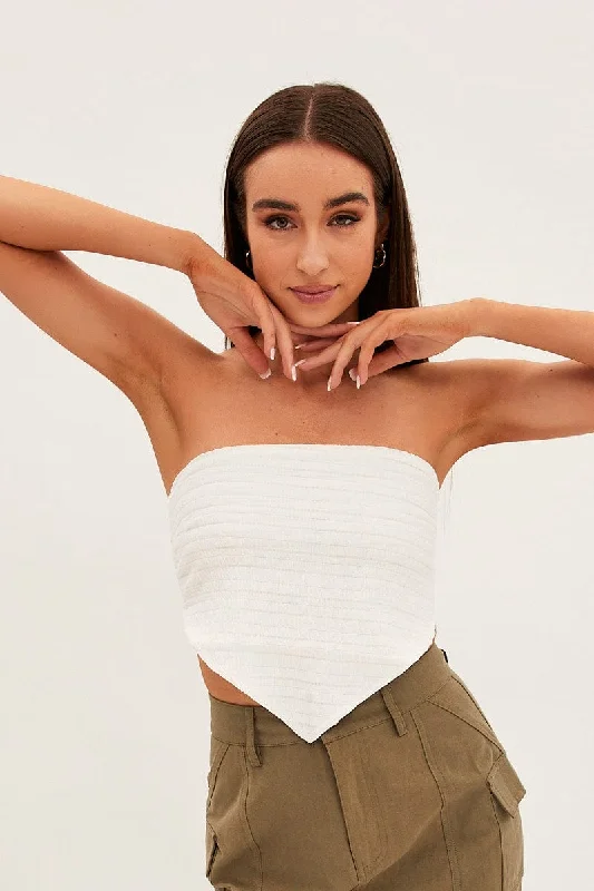 White Shirred Strapless Tie Back Bandana Hem Top