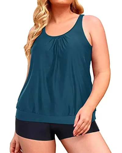 Wirefree Chest Pad Womens Plus Swimsuits Tankini Shorts-Teal And Black