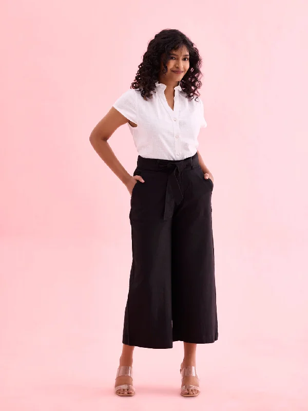 Women Solid Black Linen Mid Rise Culottes