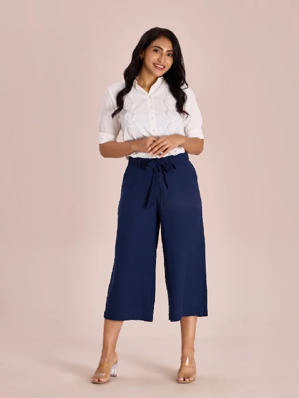 Women Solid Navy Linen Mid Rise Culottes