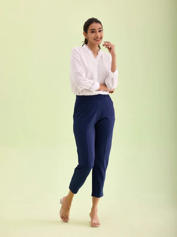 Women Solid Navy Stretch Ponte Pants