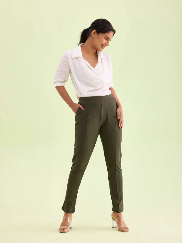 Women Solid Olive Green Stretch Ponte Pants