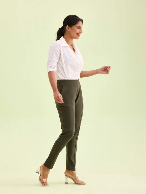 women-solid-olive-green-stretch-ponte-pants