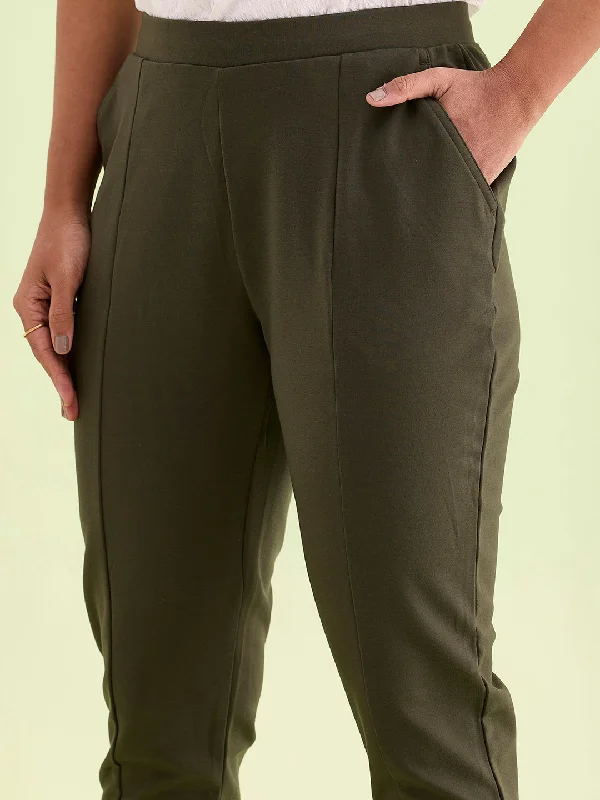 women-solid-olive-green-stretch-ponte-pants