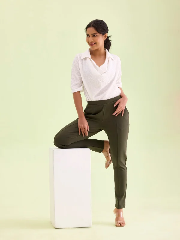 women-solid-olive-green-stretch-ponte-pants