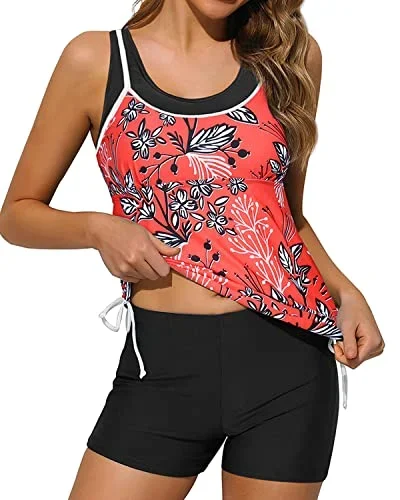 Adjustable Shoulder Straps Tankini Swimsuits Shorts Slimming Swimwear-Red Floral