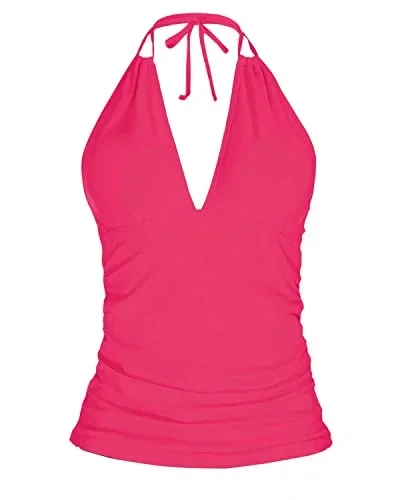 V Neck Halter Tankini Top No Bottom Tummy Control Swim Top-Neon Pink