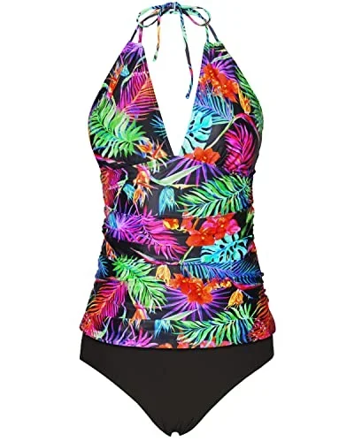 V Neck Cute Tankini Swimsuits Bikini Bottom Tummy Control Bathing Suits-Dark Green Leaves