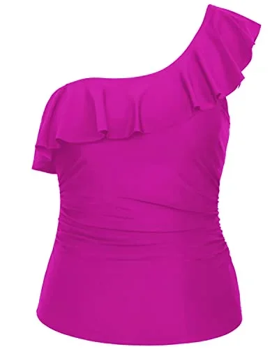 One Shoulder Tankini Tops Ruffle Swim Tops Strapless Bathing Suit Tops-Hot Pink