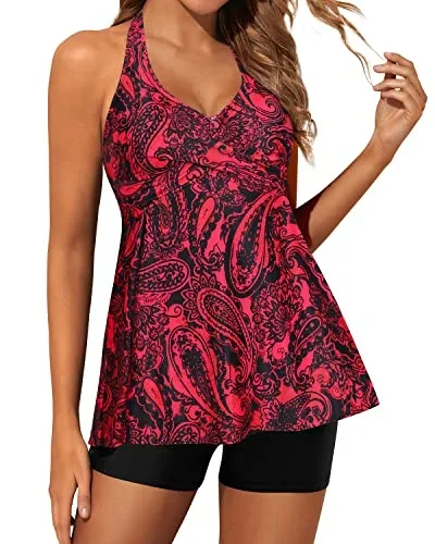 Cute & Stylish Tankini Swimsuits For Women Shorts-Red Paisley