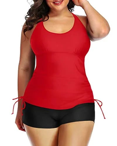 Athletic Women Plus Size Tankini Swimsuit Bathing Suit Top Shorts-Neon Red