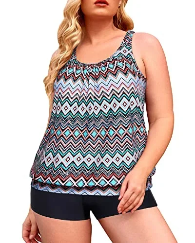 Blouson Tankini Tops Swim Shorts Sport Tankini Swimsuits For Women-Black Tribal