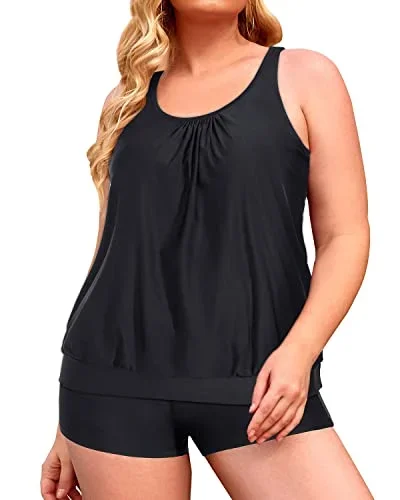 Blouson Tankini Tops Swim Shorts Plus Size Tankini Swimsuits For Women-Black