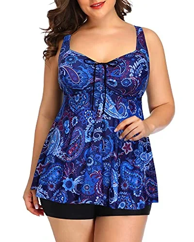 Women's Flowy Plus Size Bathing Suits Boy Shorts-Blue Tribal