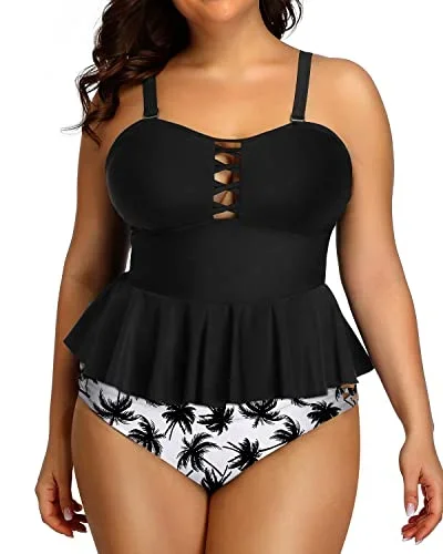 Plus Size Retro Ruffle Tankini Tops And Lace Strappy Sides Bikini Bottoms-Black Palm Tree