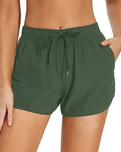 Sporty Boardshorts Pockets Swim Shorts For Women-Olive Green