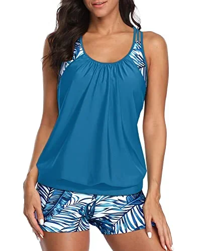 High Waisted Board Shorts Sporty Tankini For Women Tummy Control Top-Blue Leaf